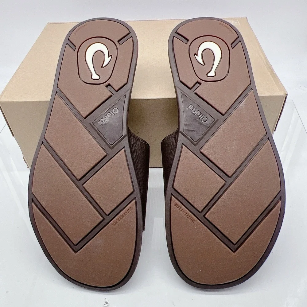 Olukai Olali Men's Slides Sandals Dark Java Brown Leather Size EU 45 US 12 NEW